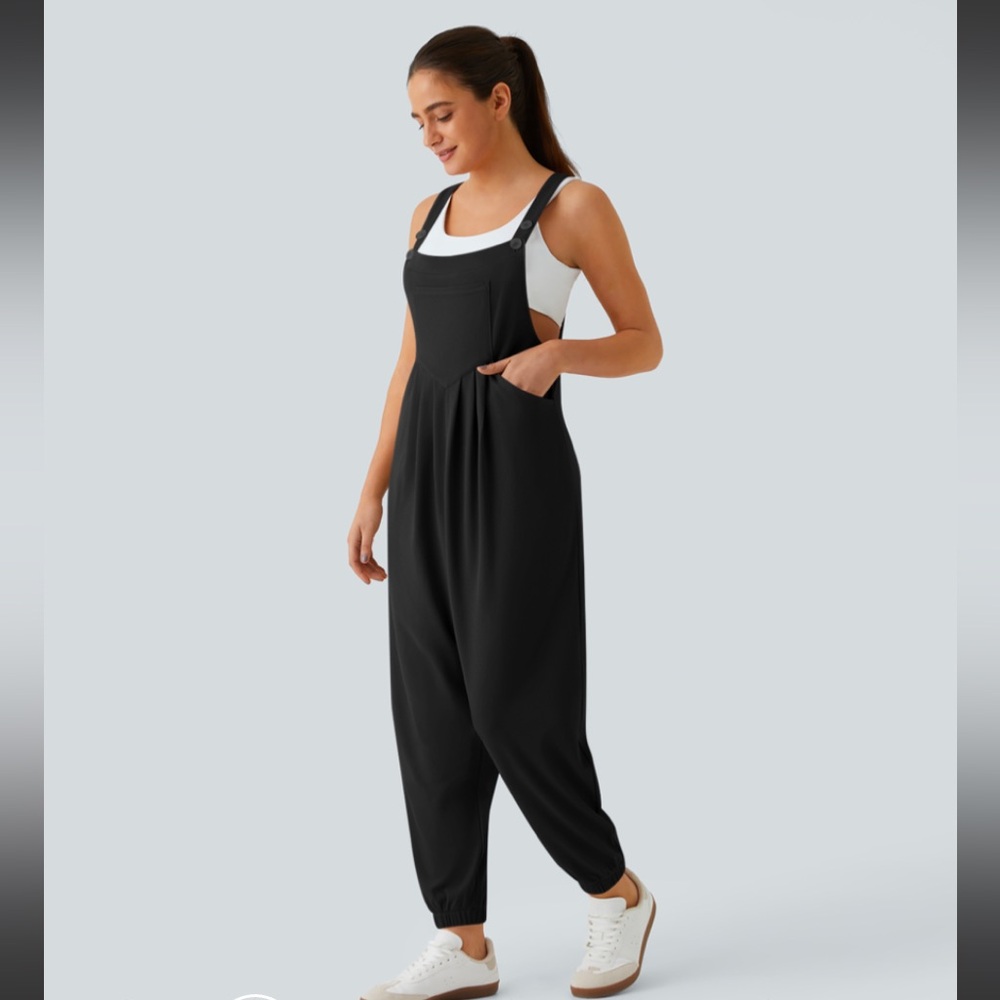 Halara Black Overalls Waffle Knit Cuffed Jumpsuit Women’s XL NWT